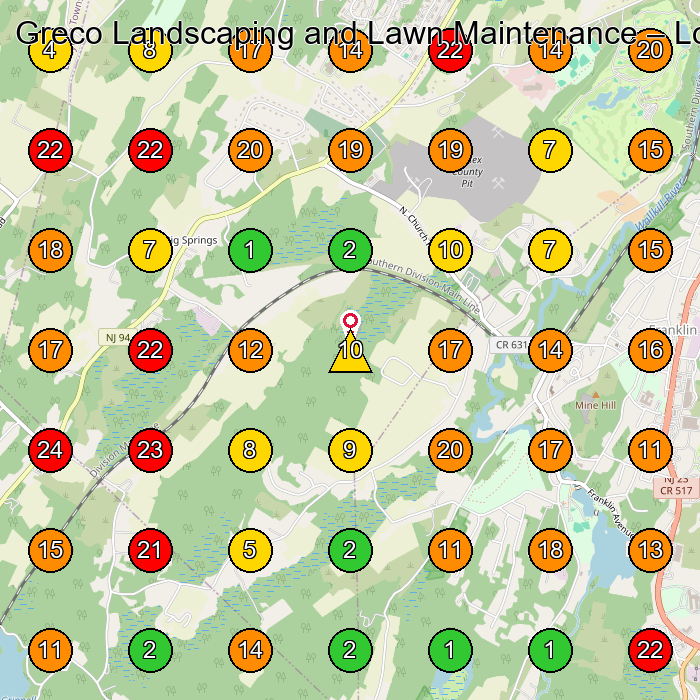 Greco Landscaping and Lawn Maintenance Lawn Care Service GeoGrid ranking map for Franklin NJ